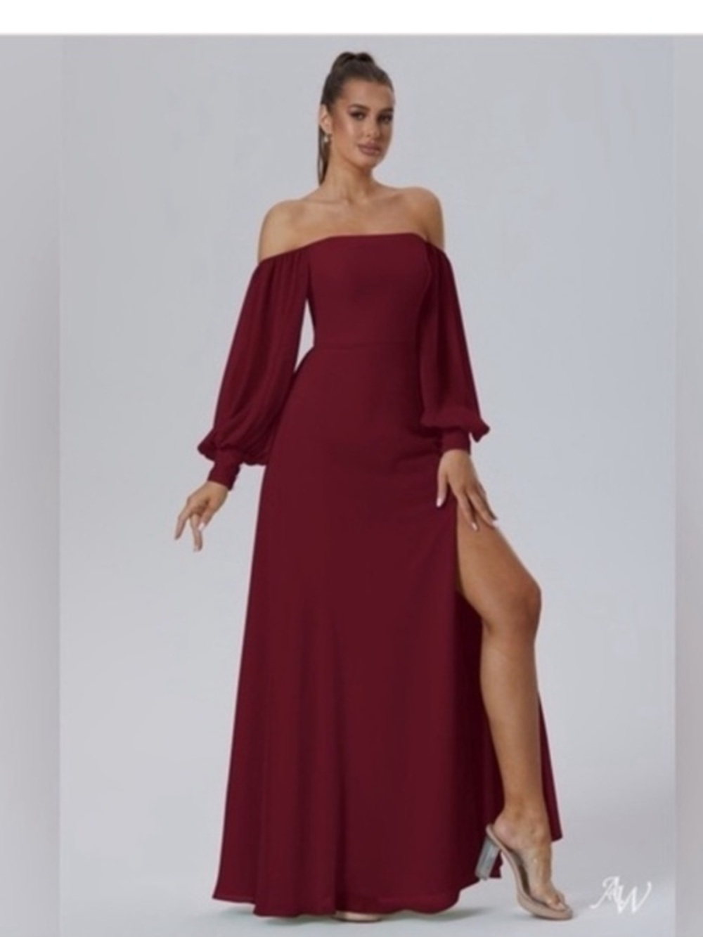 off shoulder burgundy maxi dress with slit  prom dress wedding guest NWOT